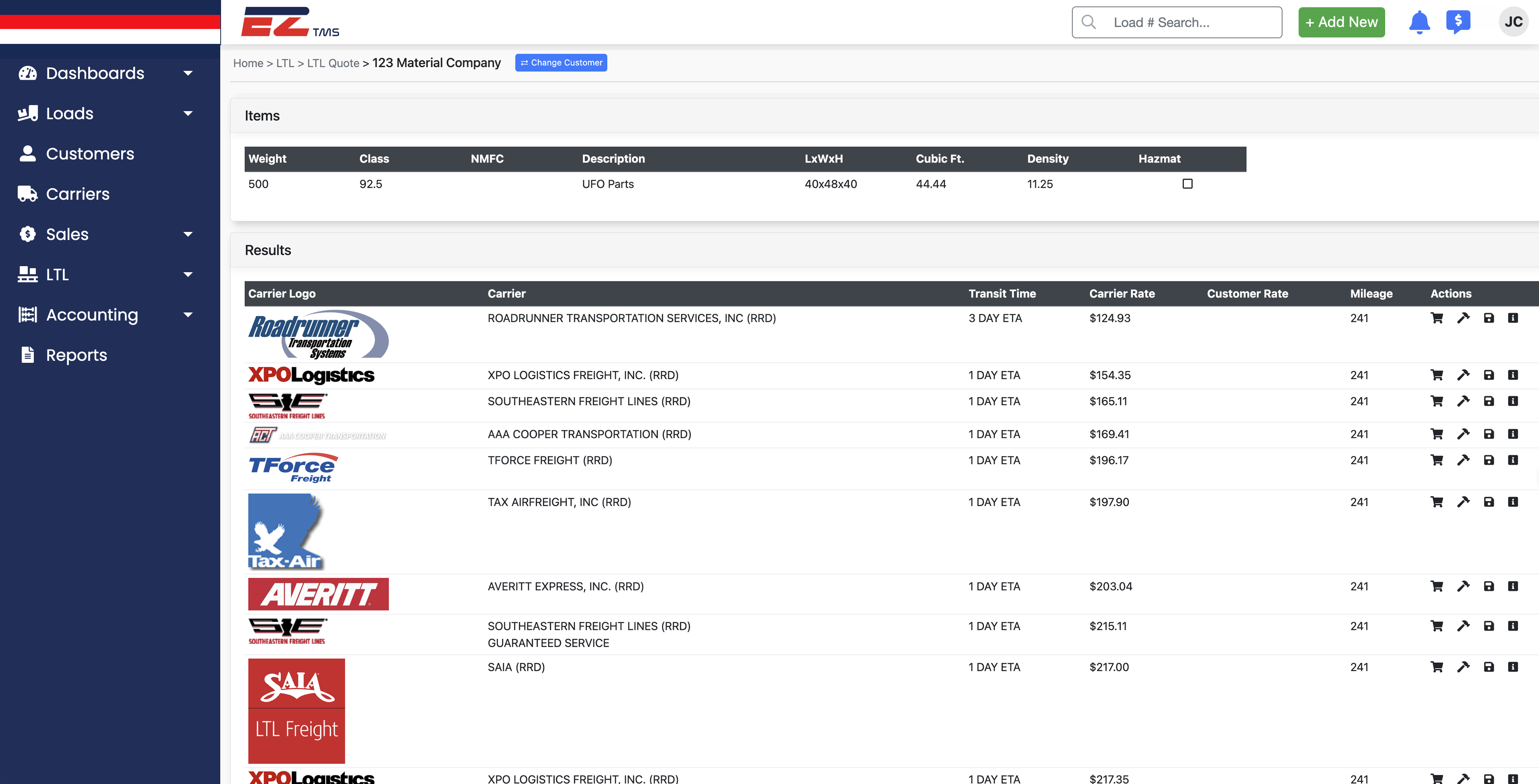 LTL rate results in EZ TMS — carriers, transit times, and rates compared side by side